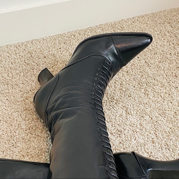 Vintage Victorian Style Via Spiga Black Genuine Patent Leather Laced Tall Boots - Picture 6 of 15